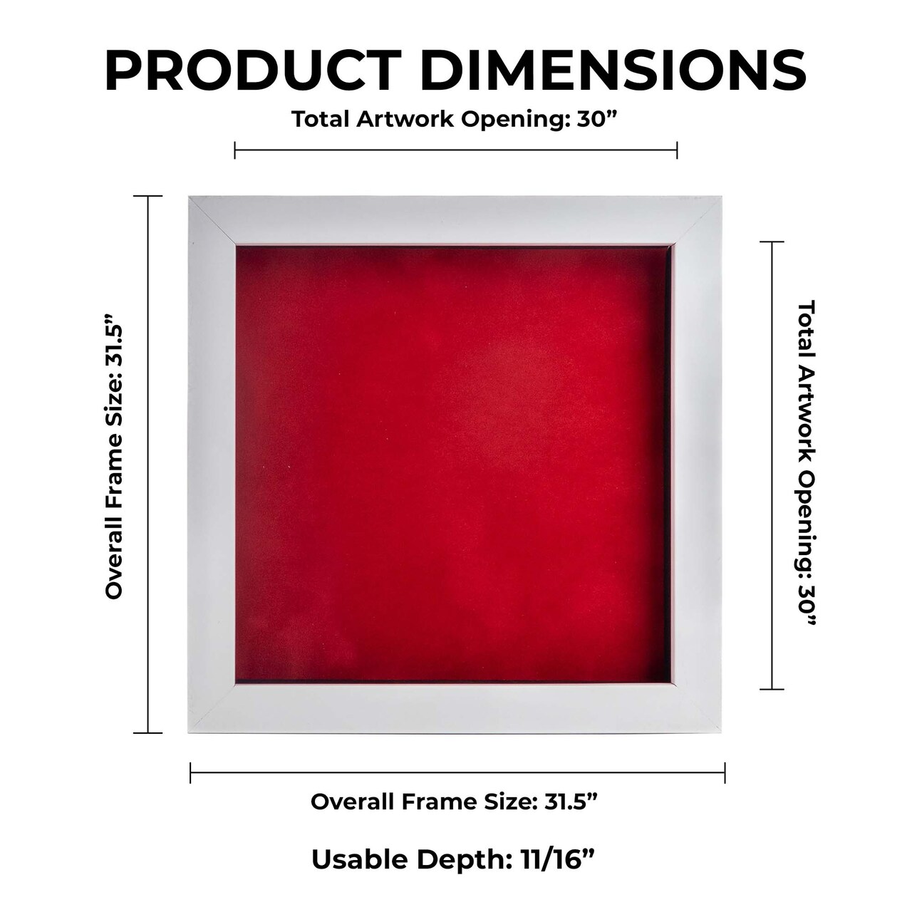 Classic White Wood Shadown Box Frame with Acrylic Front - Red Suede Backing, 30 Sizes